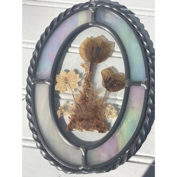 Vtg Stained Glass Pewter Frame Dried Flowers Floral Wall Hanging Sun Catcher Art - Picture 2 of 11